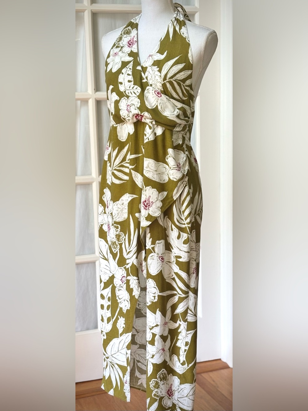 Zara Olive Floral Linen Blend Halter Twist Front Midi Dress L - Picture 2 of 12